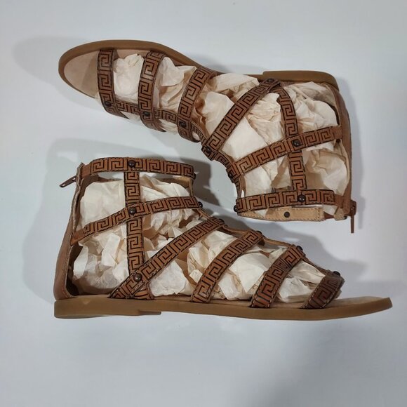Lucky Brand Beverlee 7.5 Tan Greek Key Leather Flat Gladiator Sandals Cusion - Picture 5 of 9